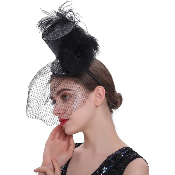 Mini Top Hat Headband Fascinator - Black-4 main image 6